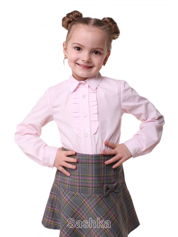 Спідниця для дівчинки Sashka шкільна з бантом сіро-рожева клітинка (напіввовна), розмір 116-146